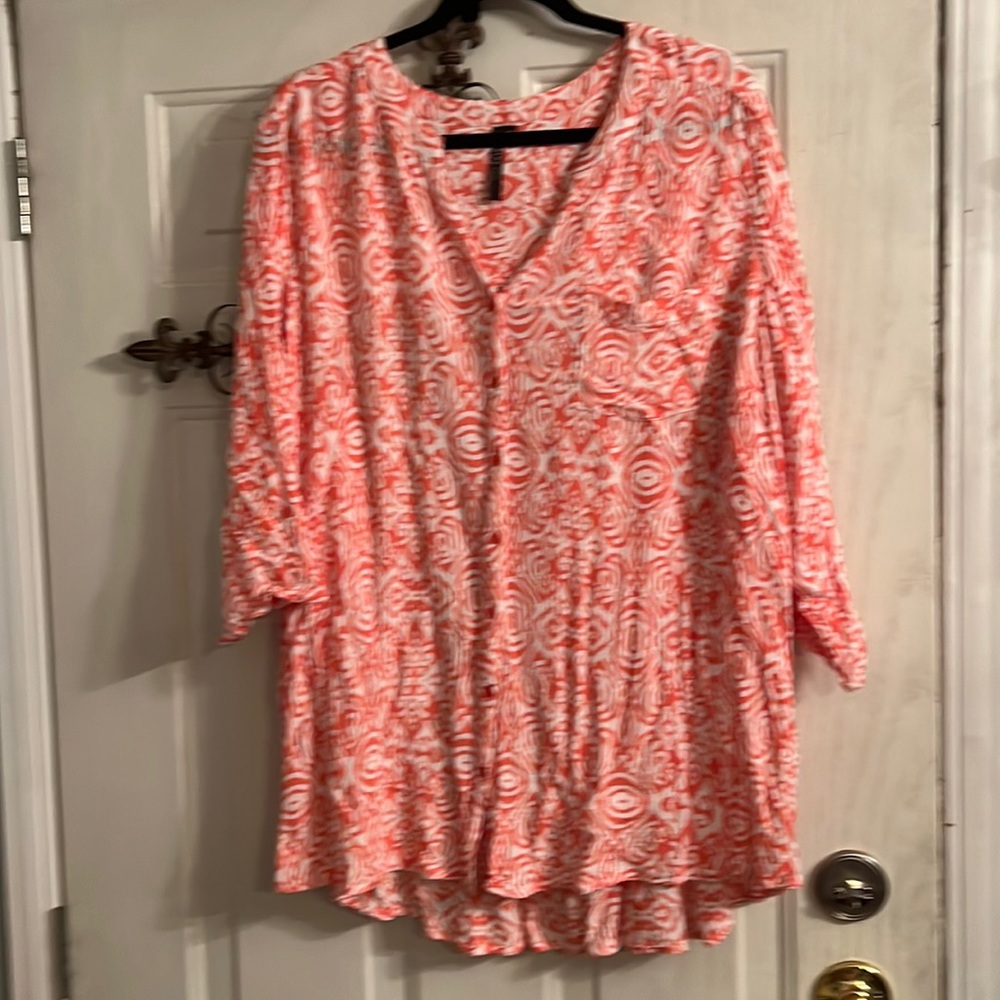 Cathy woman  3 X coral and white flowy button down shirt